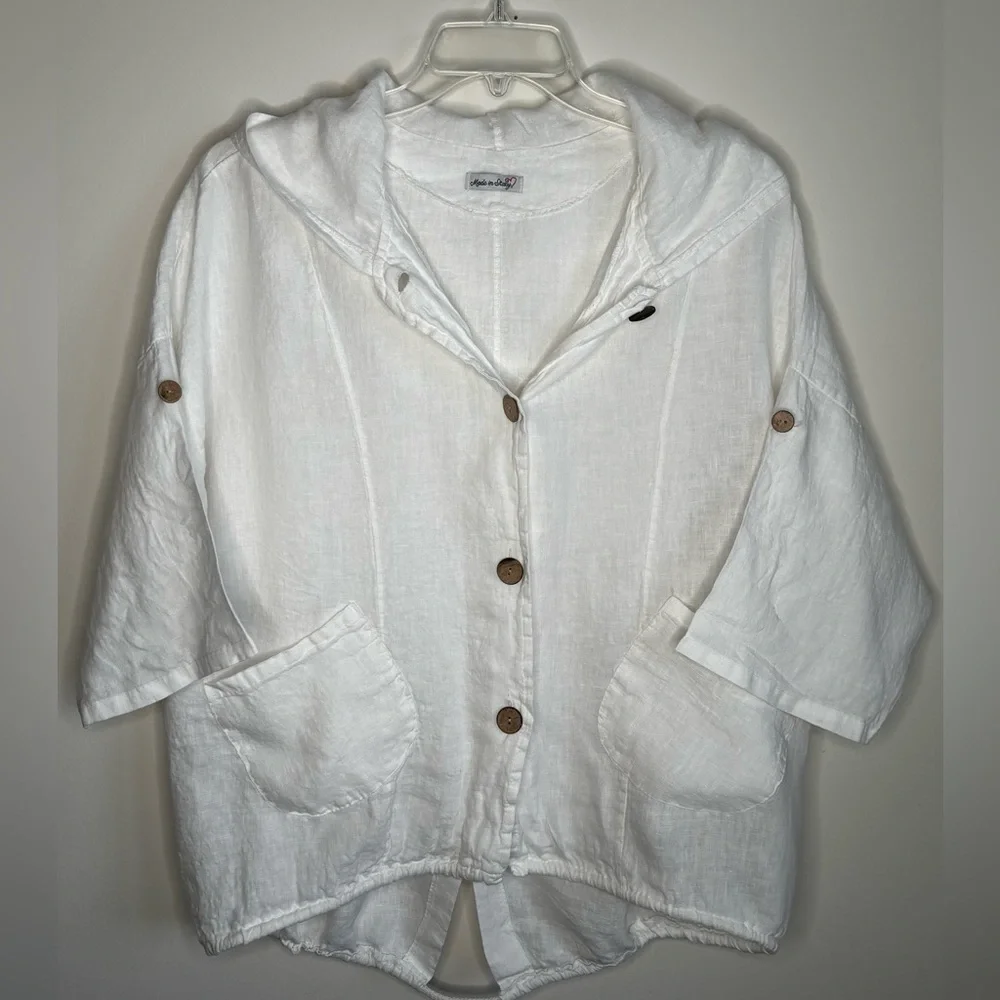 WHITE LINEN (MADE IN ITALY) HOODED TOP/COVERUP - Picture 1 of 7